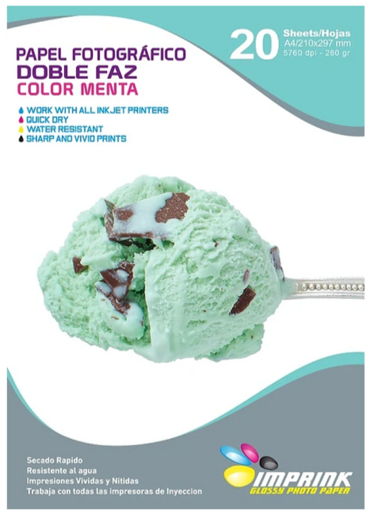 Papel Fotografico doble Faz Color Menta A4 260 grs